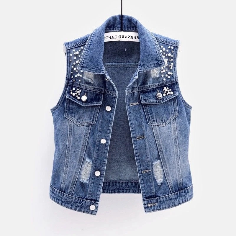 Street Fashion Jeans Women - Chaleco Vaquero de Mujer con Perlas